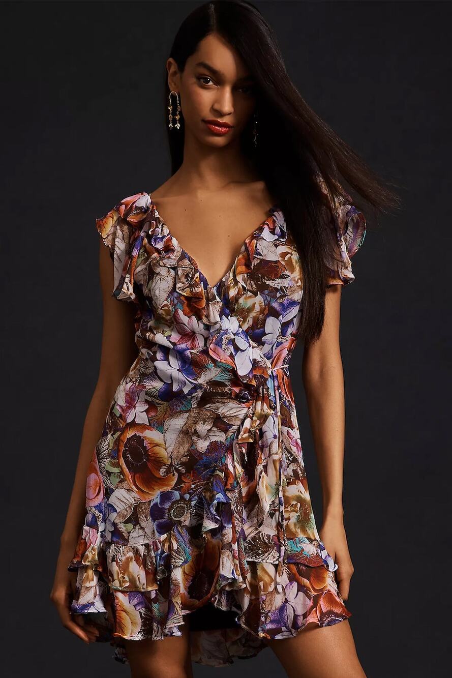 Anthropologie Floral Ruffled Mini Wrap Dress NWT Size Small Petite
